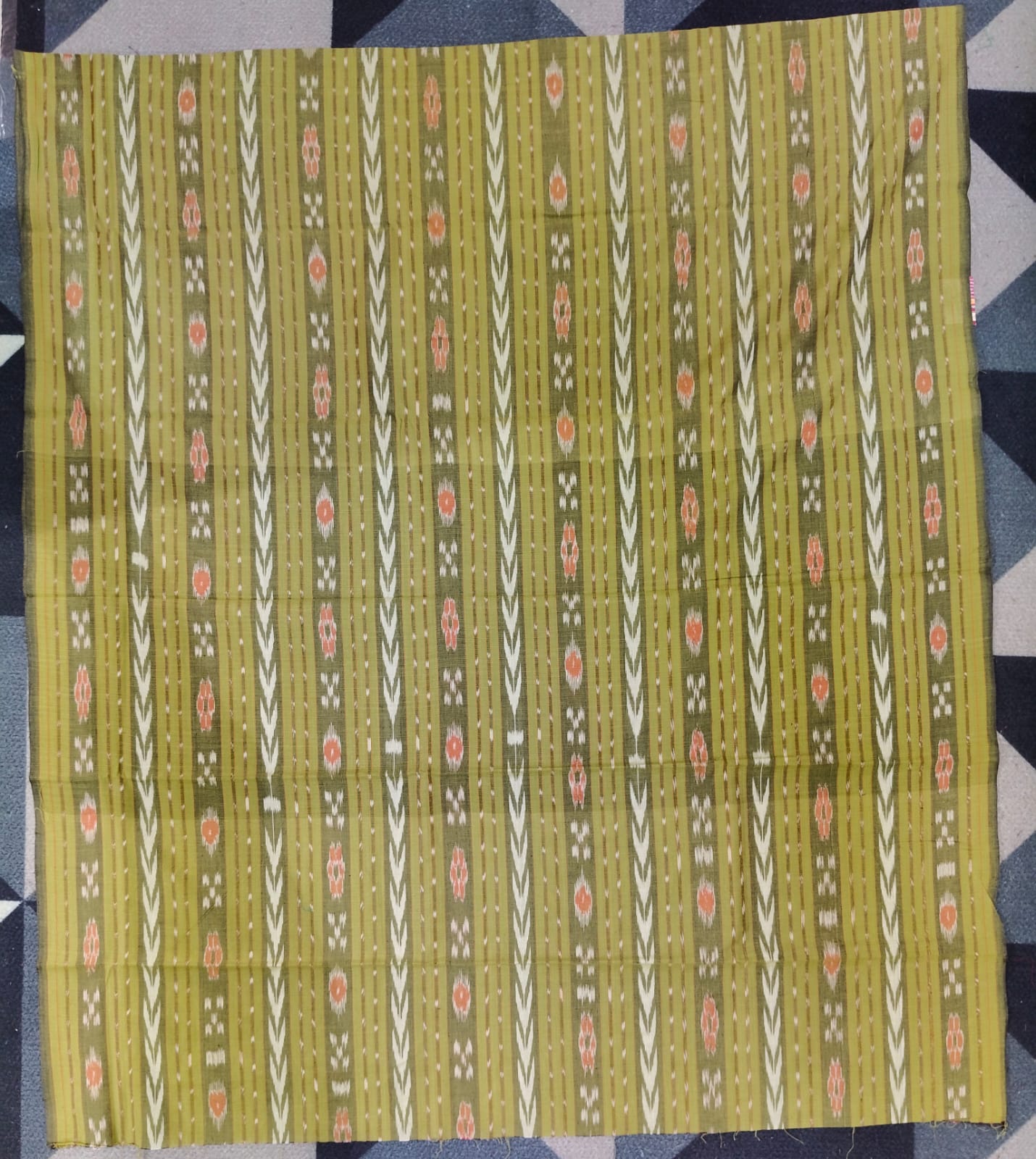 Mehendi Green Baby Pink Handwoven Odisha Ikat Unstitched Dress Material Set (Top 2.5m, Dupatt2.5m, Bottom 2m)