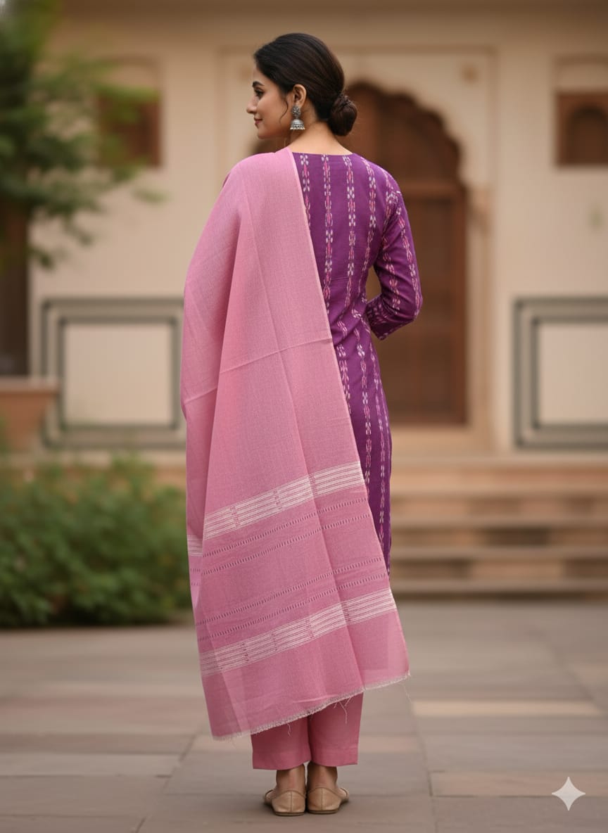 Magenta Light Pink Handwoven Odisha Ikat Unstitched Dress Material Set (Top 2.5m, Dupatt2.5m, Bottom 2m)