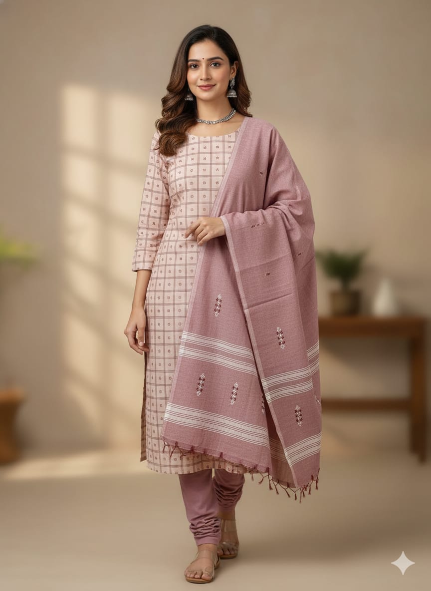 Cream Brownish Handwoven Odisha Ikat Unstitched Dress Material Set (Top 2.5m, Dupatt2.5m, Bottom 2m)