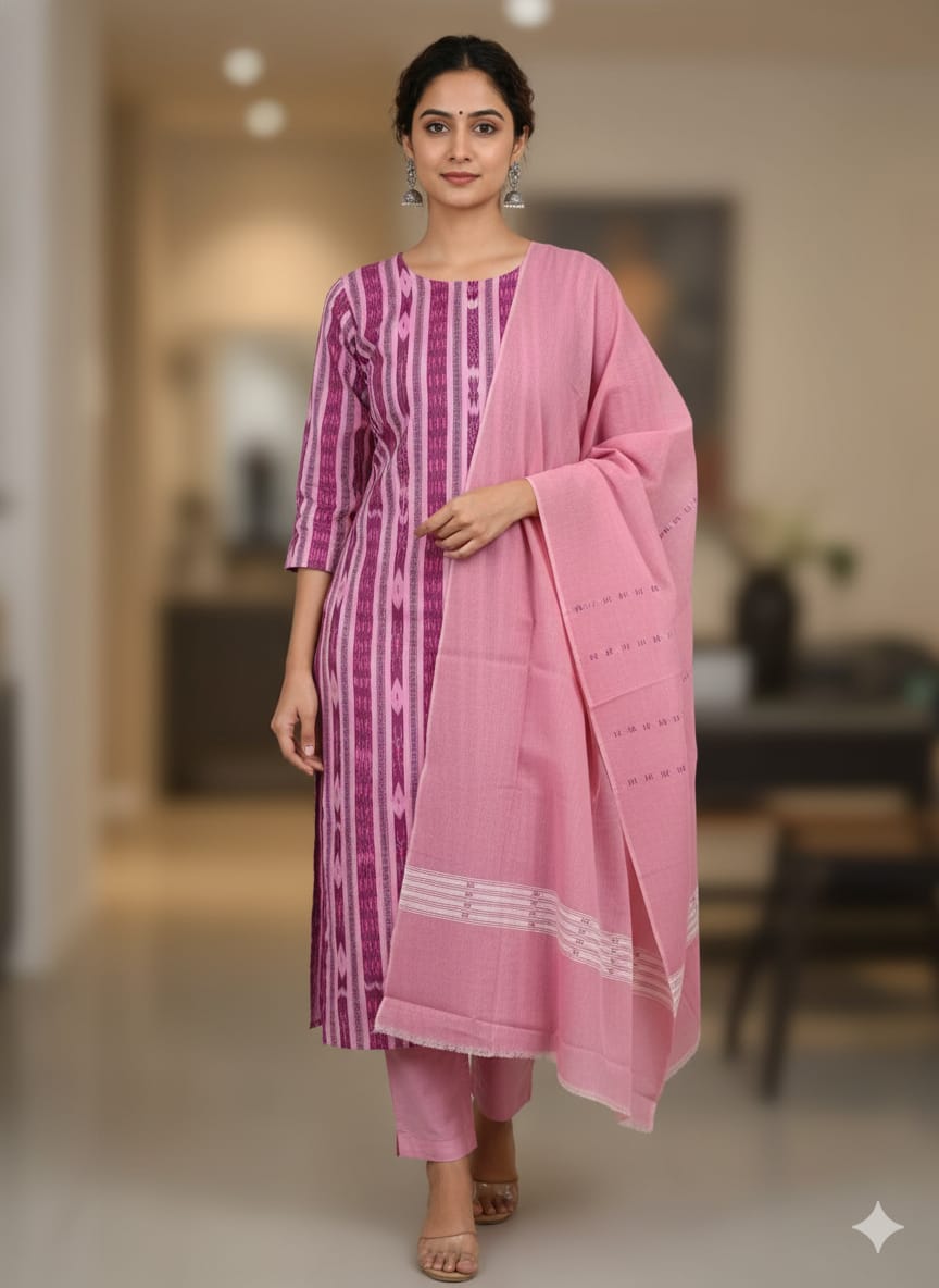 Magenta Light Pink Ikat Disign Handwoven Odisha Ikat Unstitched Dress Material Set (Top 2.5m, Dupatt2.5m, Bottom 2m)