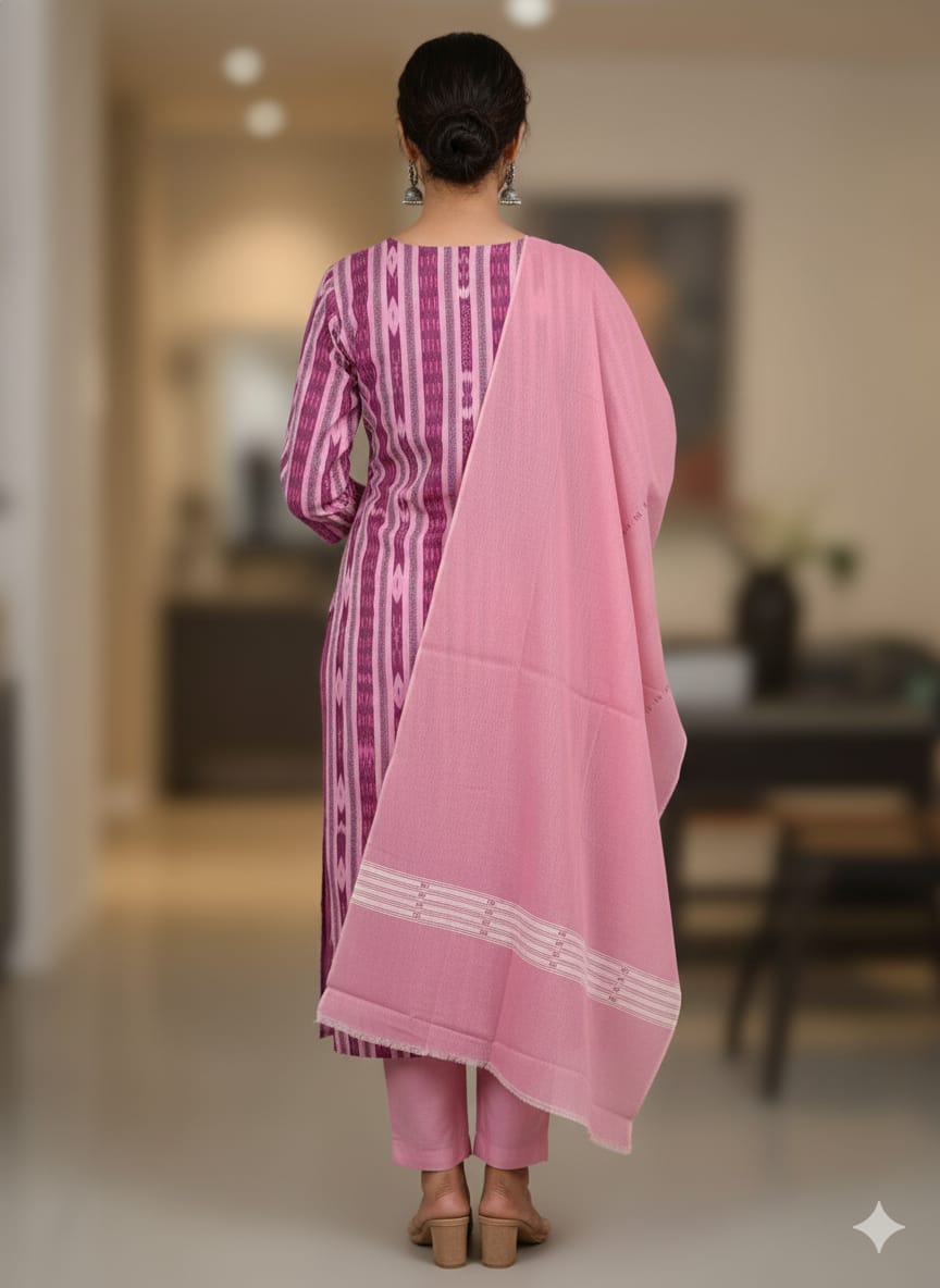 Magenta Light Pink Ikat Disign Handwoven Odisha Ikat Unstitched Dress Material Set (Top 2.5m, Dupatt2.5m, Bottom 2m)