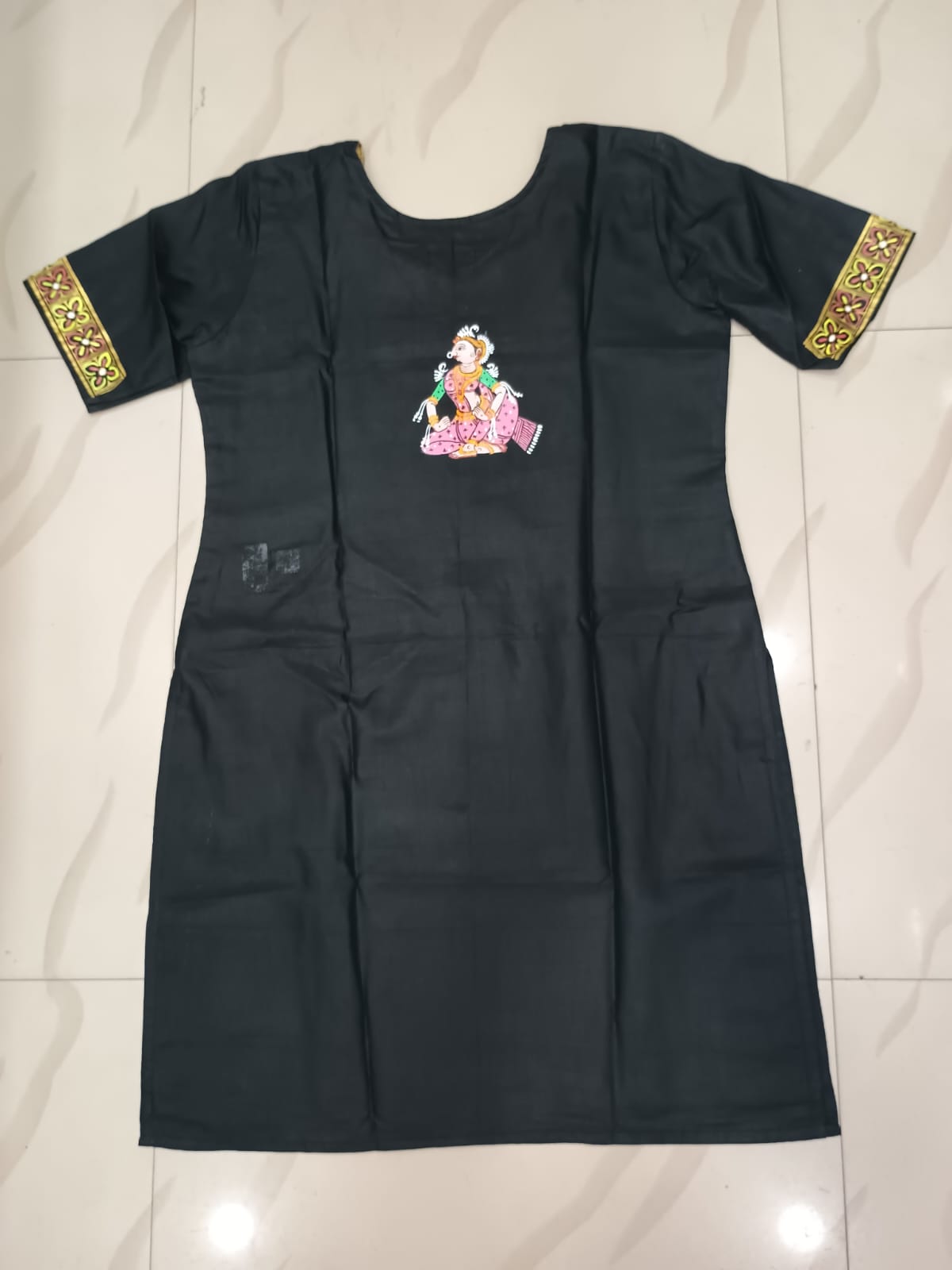 Black Konark Wheel And Dancer Theme Hand Painted Silk Pattachitra Kurti