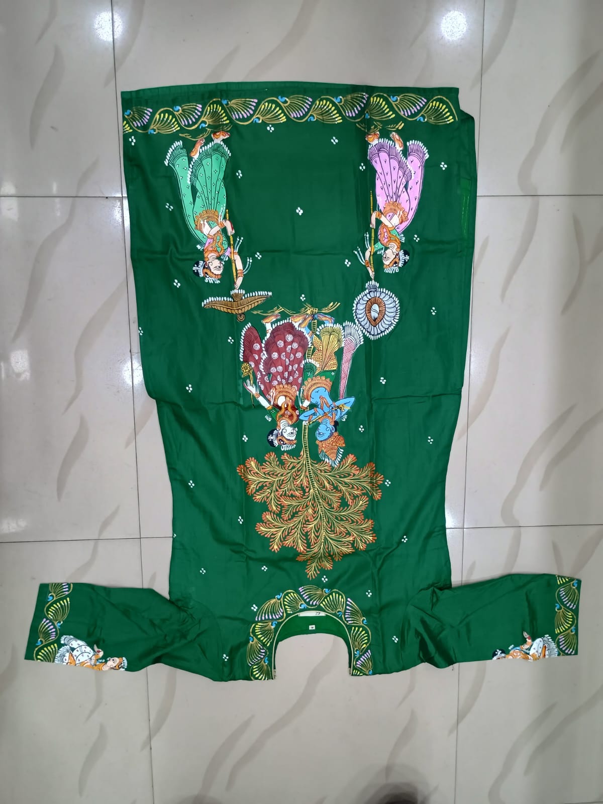 Green Radha Krishna Rasa Theme Hand Painted Silk Pattachitra Kurti