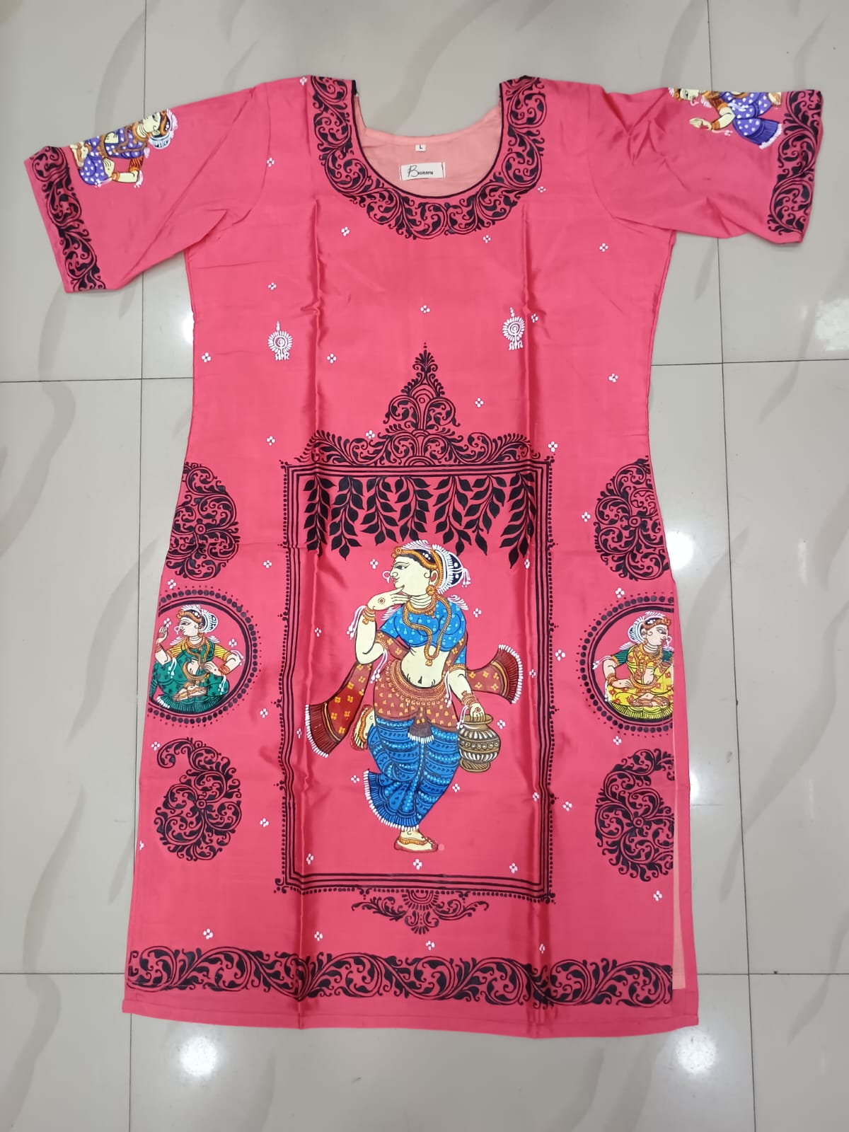 Peach Dancer Theme Hand Painted Silk Pattachitra Kurti
