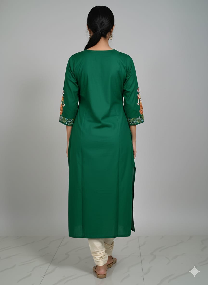 Green Radha Krishna Rasa Theme Hand Painted Silk Pattachitra Kurti