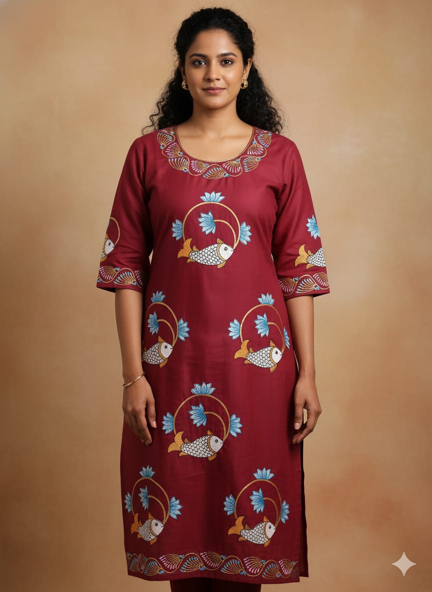 Maroon Round Fish And Lotus Theme Hand Painted Silk Pattachitra Kurti