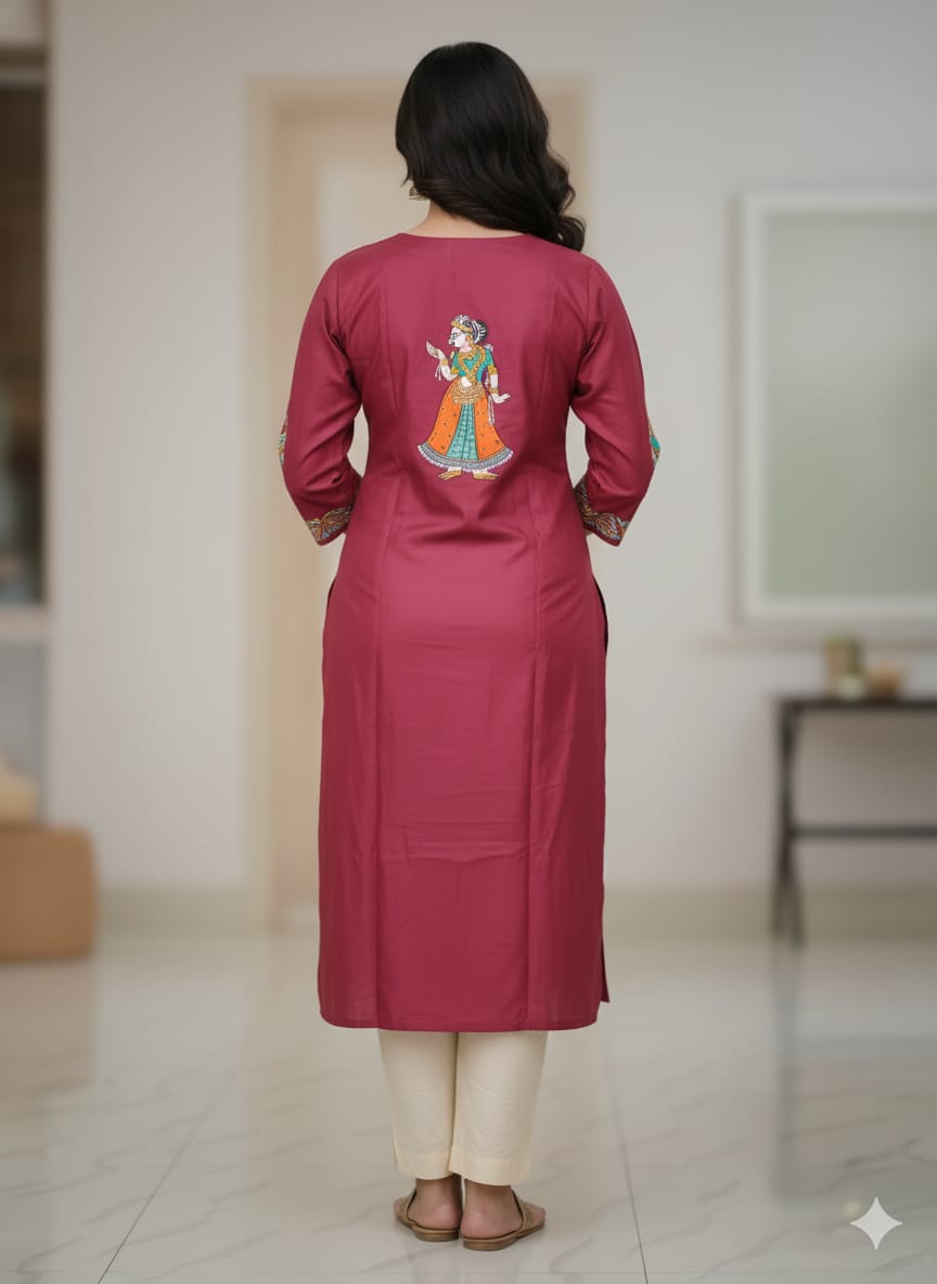 Maroon Radha Krishna Doli Rasa Theme Hand Painted Silk Pattachitra Kurti