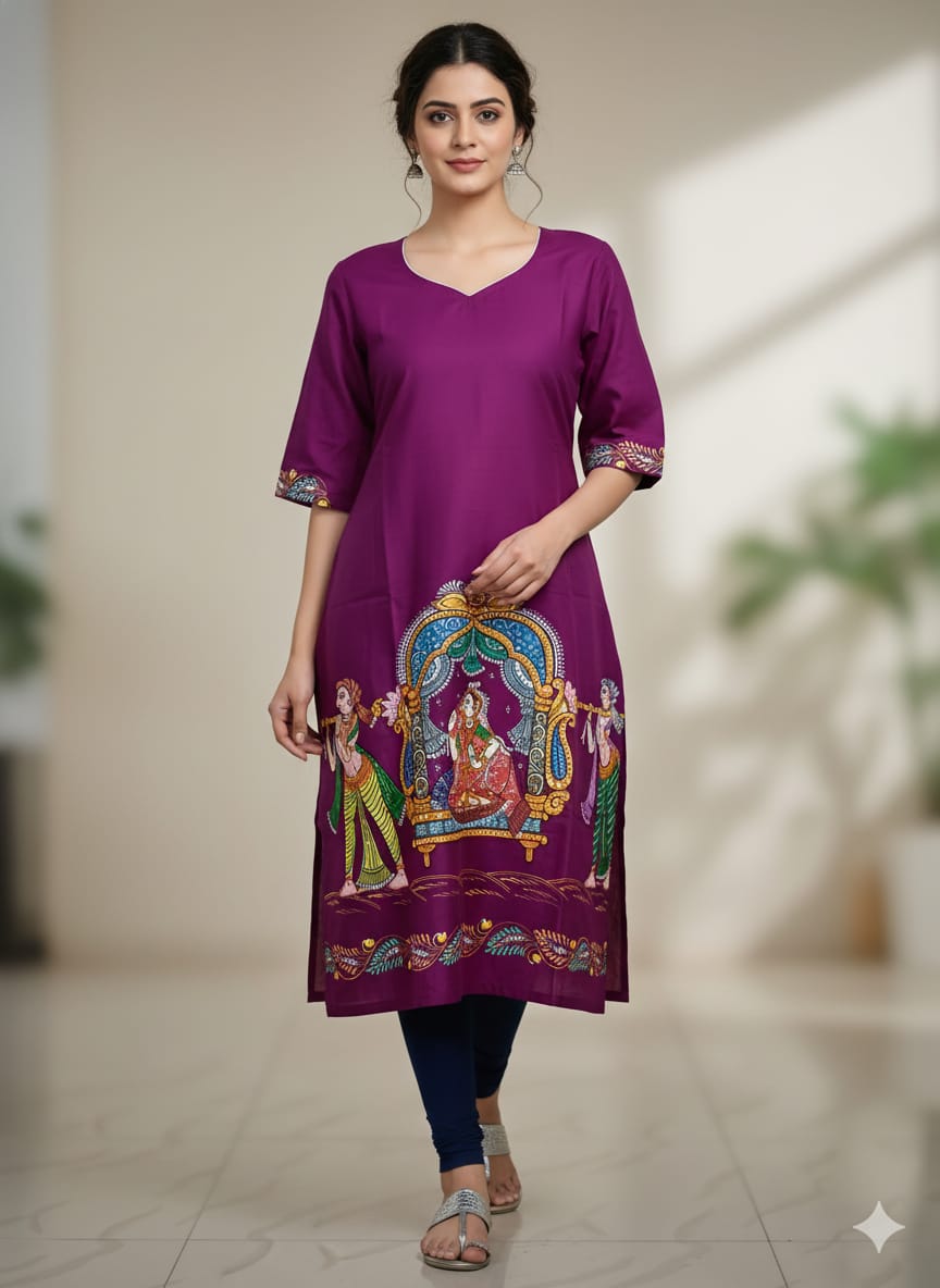 Purple Marriage Theme Hand Painted Silk Pattachitra Kurti