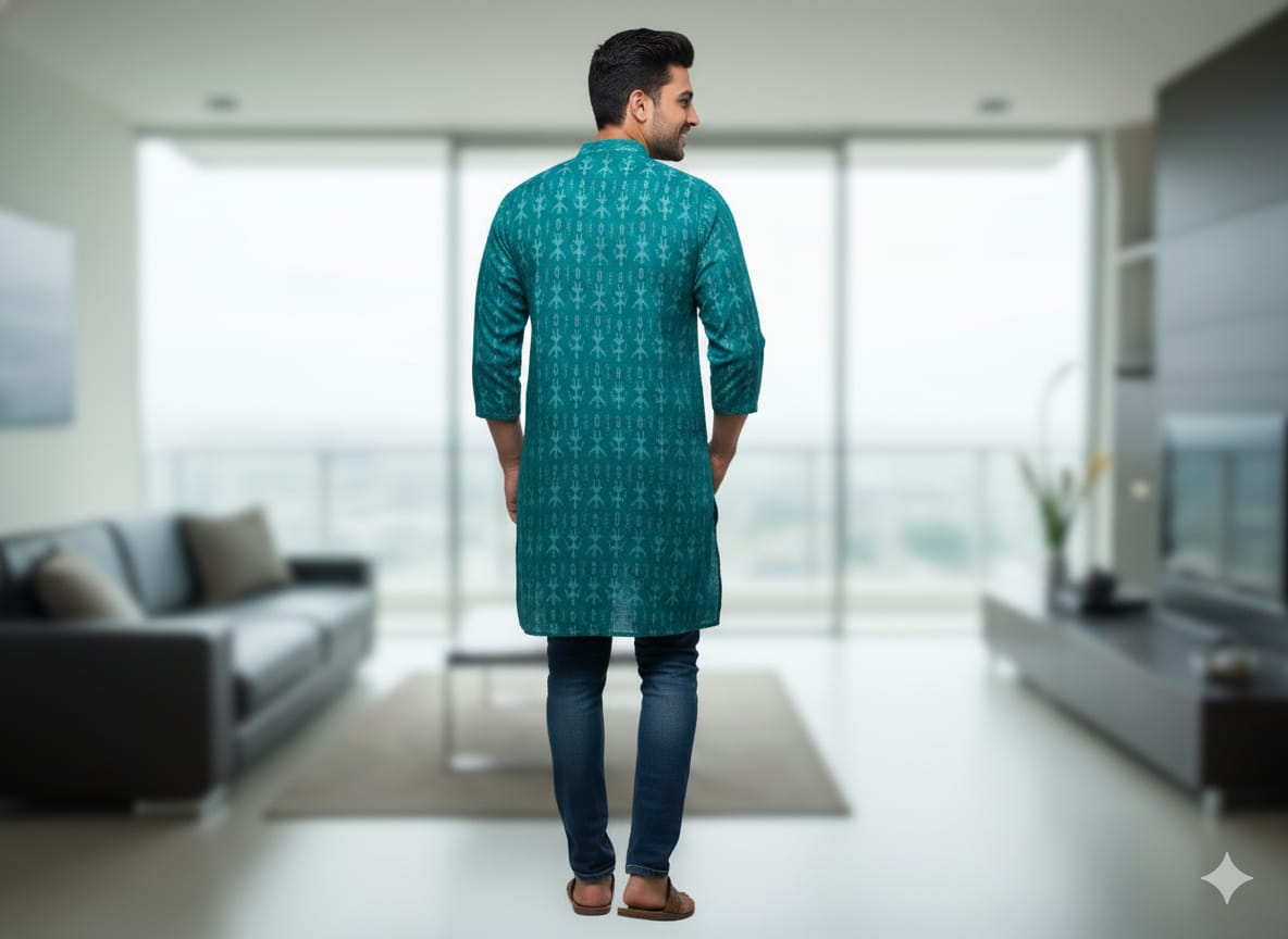 Sea Green Tribal Design Odisha Handloom Men Half Kurta