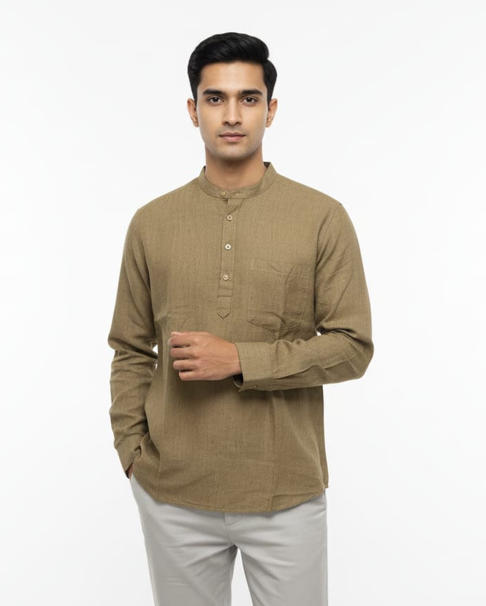 Golden Olive Green Odisha Handloom Plain Men Half Kurta