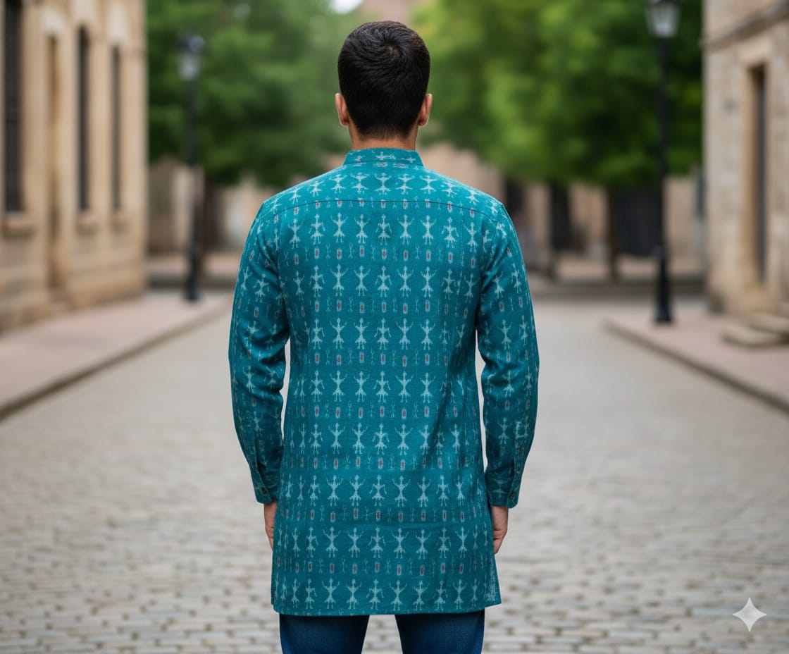 Sea Green Tribal Design Odisha Handloom Men Half Kurta