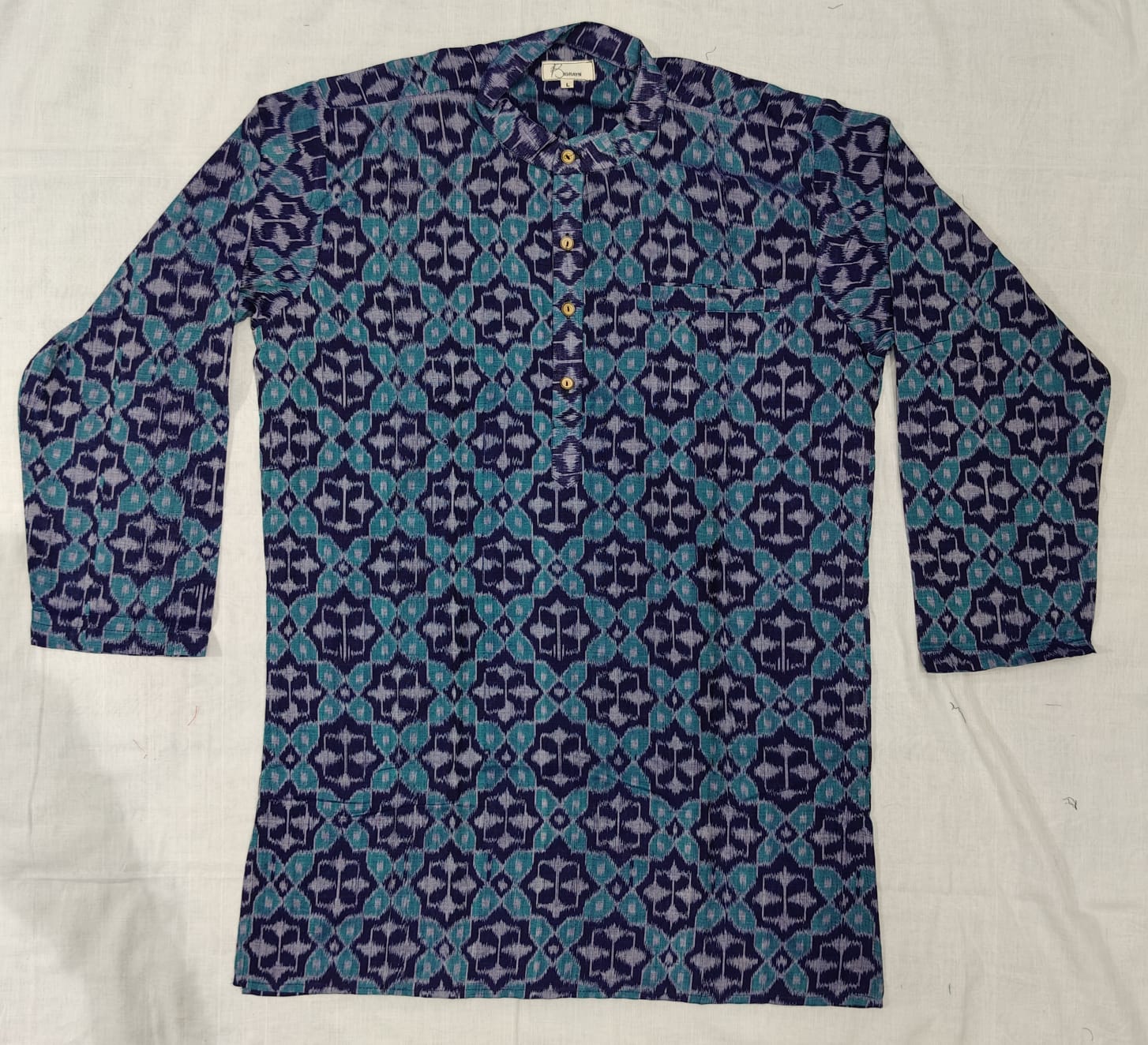 Blue Flower Design Odisha Handloom Men Half Kurta