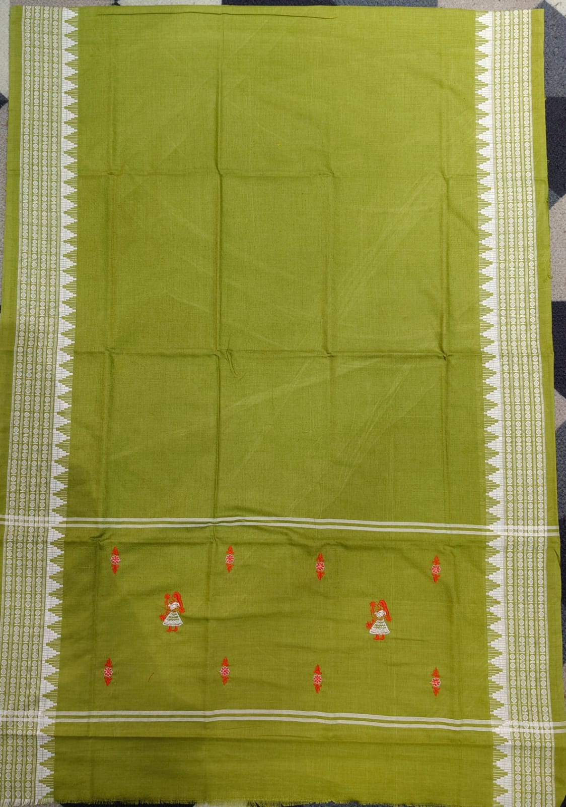 Red Mehendi Green Doll Design Handwoven Odisha Ikat Unstitched Dress Material Set (Top 2.5m, Dupatt2.5m, Bottom 2m)