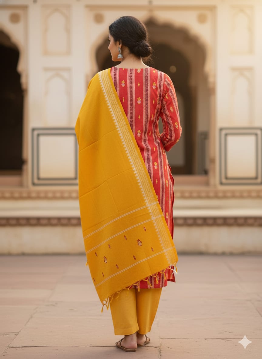 Maroon Yellow Doll Design Handwoven Odisha Ikat Unstitched Dress Material Set (Top 2.5m, Dupatt2.5m, Bottom 2m)