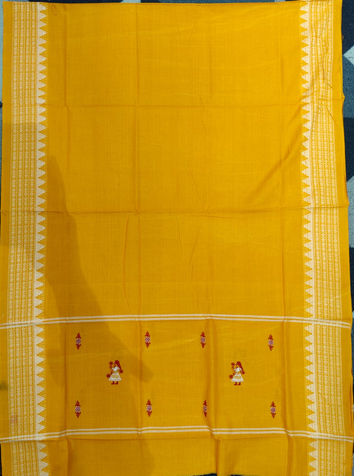 Maroon Yellow Doll Design Handwoven Odisha Ikat Unstitched Dress Material Set (Top 2.5m, Dupatt2.5m, Bottom 2m)