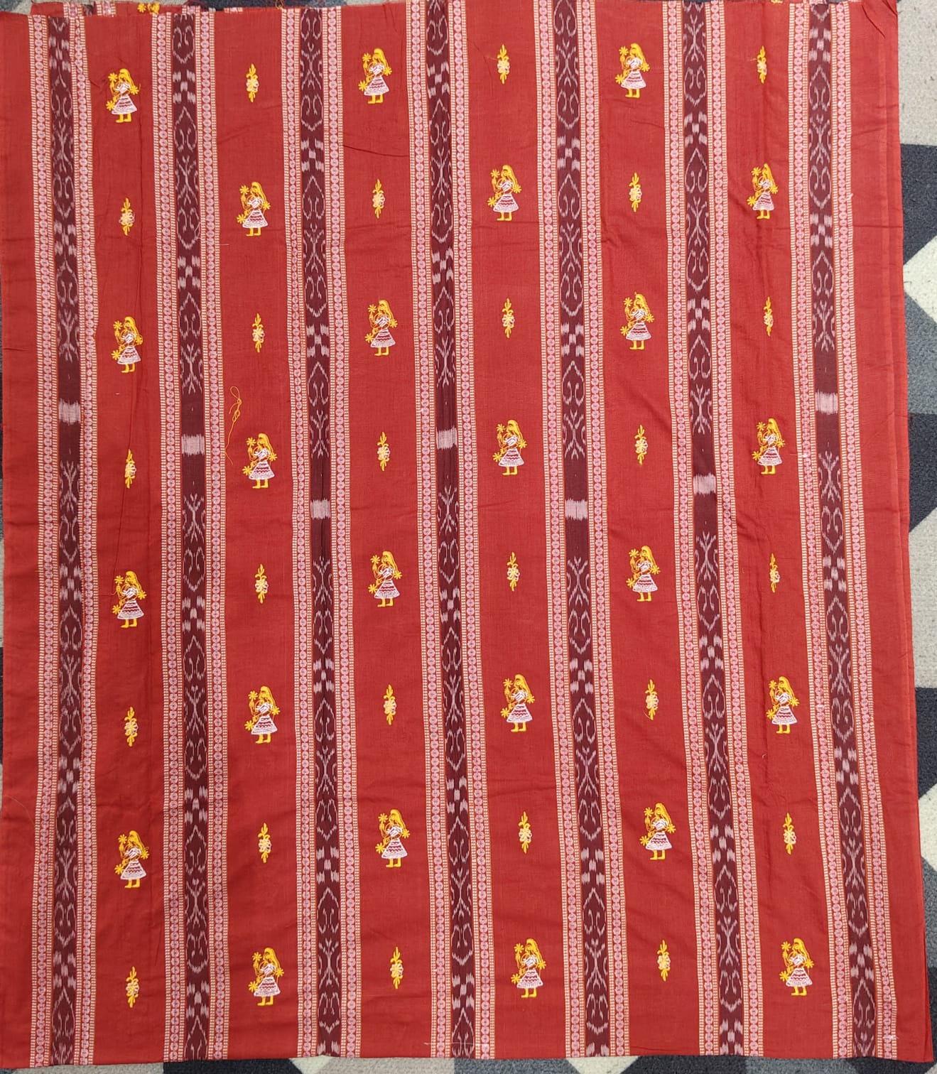 Maroon Yellow Doll Design Handwoven Odisha Ikat Unstitched Dress Material Set (Top 2.5m, Dupatt2.5m, Bottom 2m)