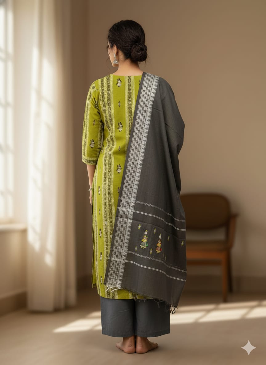 Mehendi Green Black Doll Design Handwoven Odisha Ikat Unstitched Dress Material Set (Top 2.5m, Dupatt2.5m, Bottom 2m)