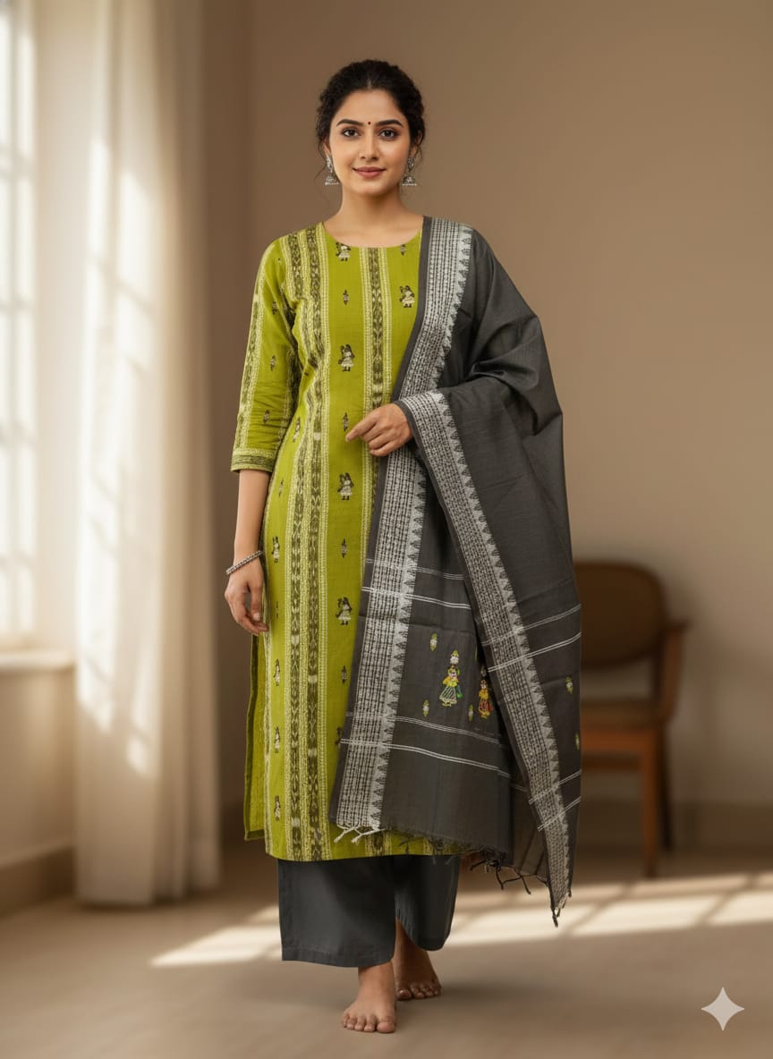 Mehendi Green Black Doll Design Handwoven Odisha Ikat Unstitched Dress Material Set (Top 2.5m, Dupatt2.5m, Bottom 2m)