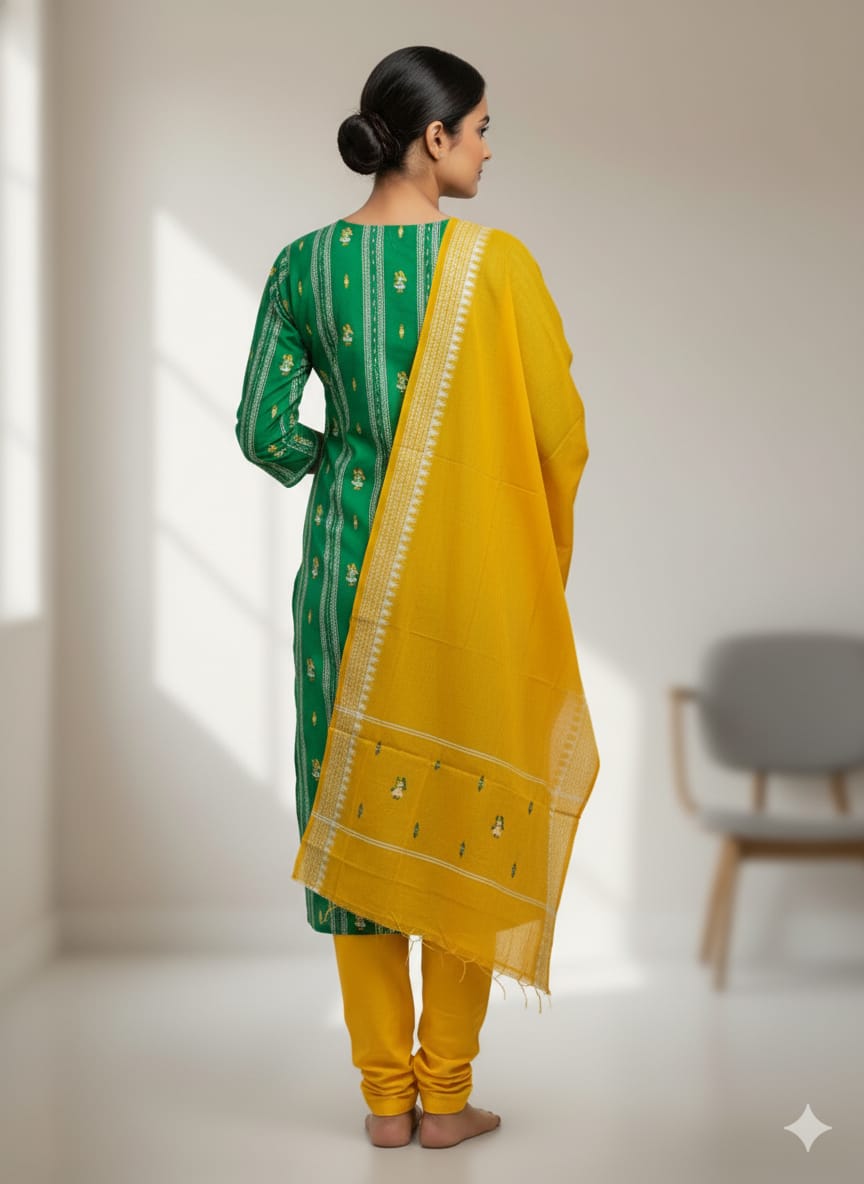 Green Yellow Doll Design Handwoven Odisha Ikat Unstitched Dress Material Set (Top 2.5m, Dupatt2.5m, Bottom 2m)