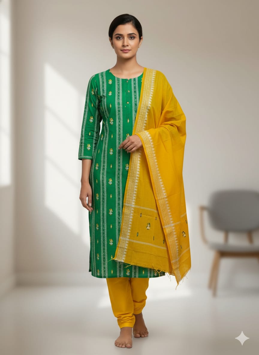 Green Yellow Doll Design Handwoven Odisha Ikat Unstitched Dress Material Set (Top 2.5m, Dupatt2.5m, Bottom 2m)