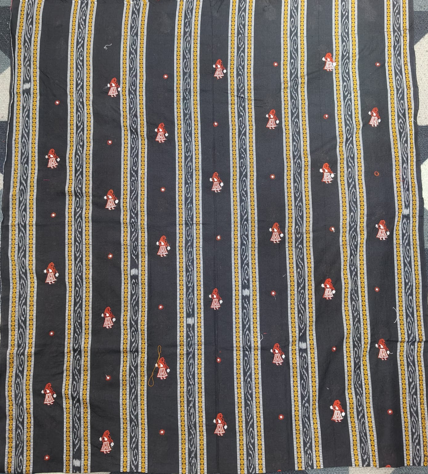 Black Red Doll Design Handwoven Odisha Ikat Unstitched Dress Material Set (Top 2.5m, Dupatt2.5m, Bottom 2m)