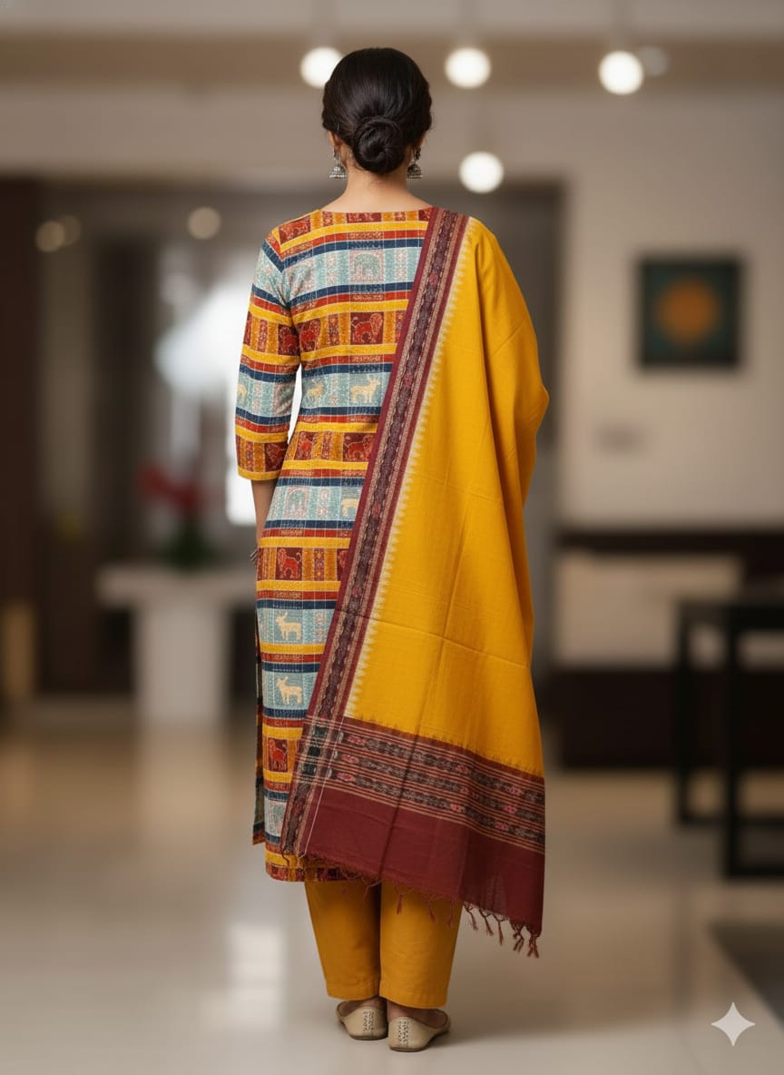 Yellow Grey Animal Handwoven Odisha Ikat Unstitched Dress Material Set (Top 2.5m, Bottom 2m, Dupatta 2.5m)