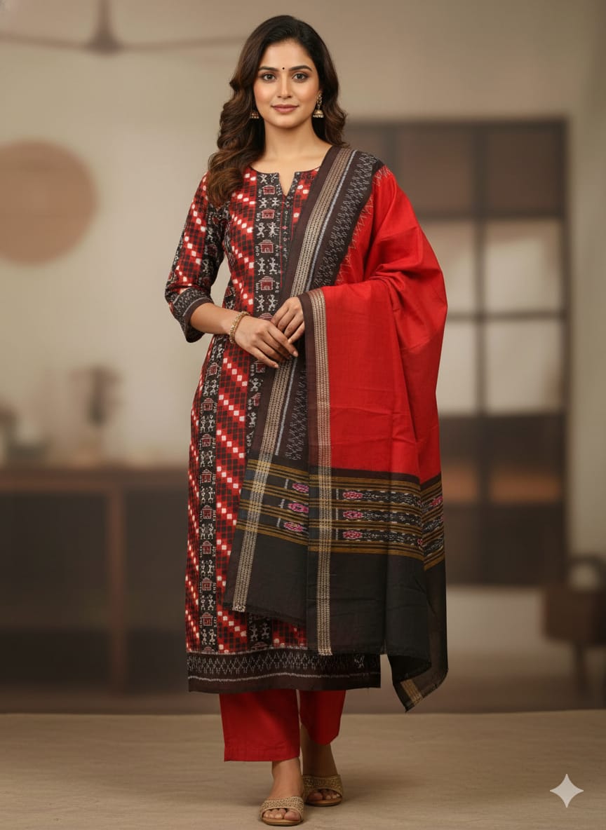 Red Black Pasapali And Tribal House Handwoven Odisha Ikat Unstitched Dress Material Set (Top 2.5m, Bottom 2m, Dupatta 2.5m)