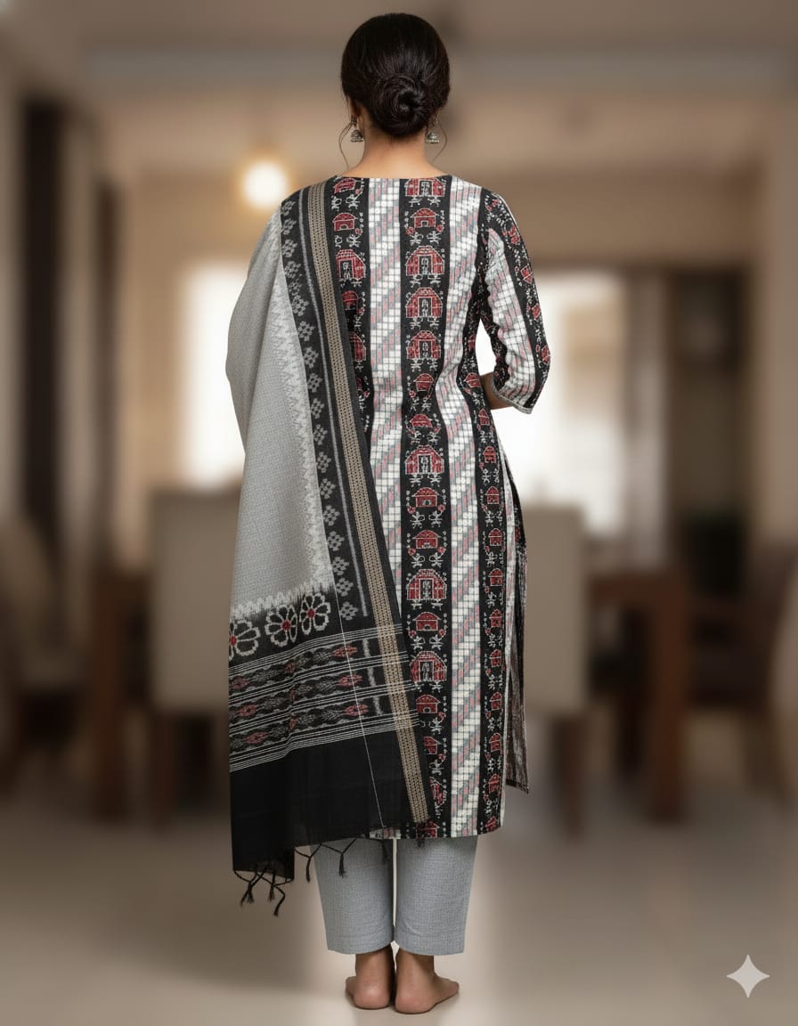 Black White Pasapali And Tribal House Handwoven Odisha Ikat Unstitched Dress Material Set (Top 2.5m, Bottom 2m, Dupatta 2.5m)