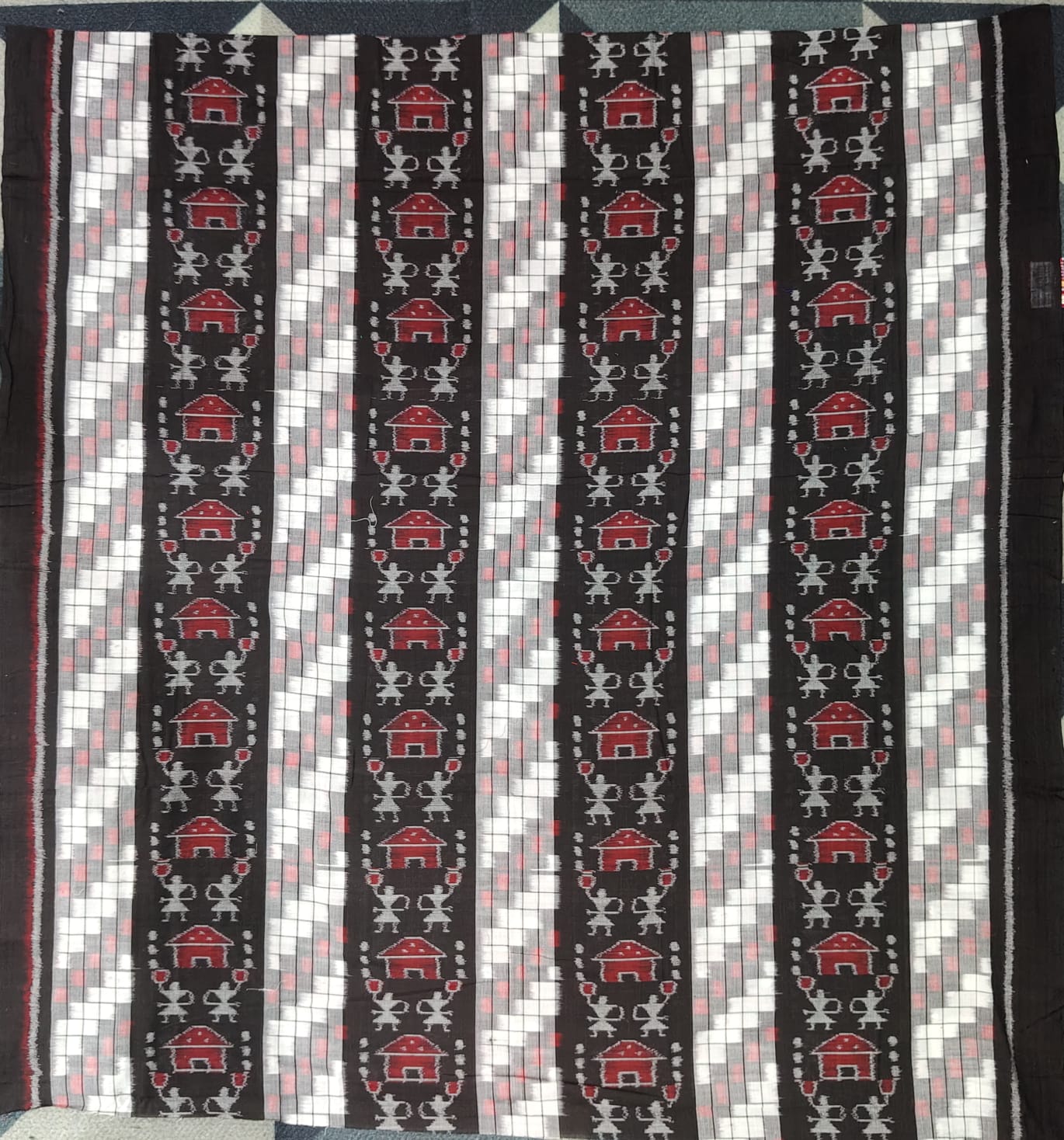 Black White Pasapali And Tribal House Handwoven Odisha Ikat Unstitched Dress Material Set (Top 2.5m, Bottom 2m, Dupatta 2.5m)