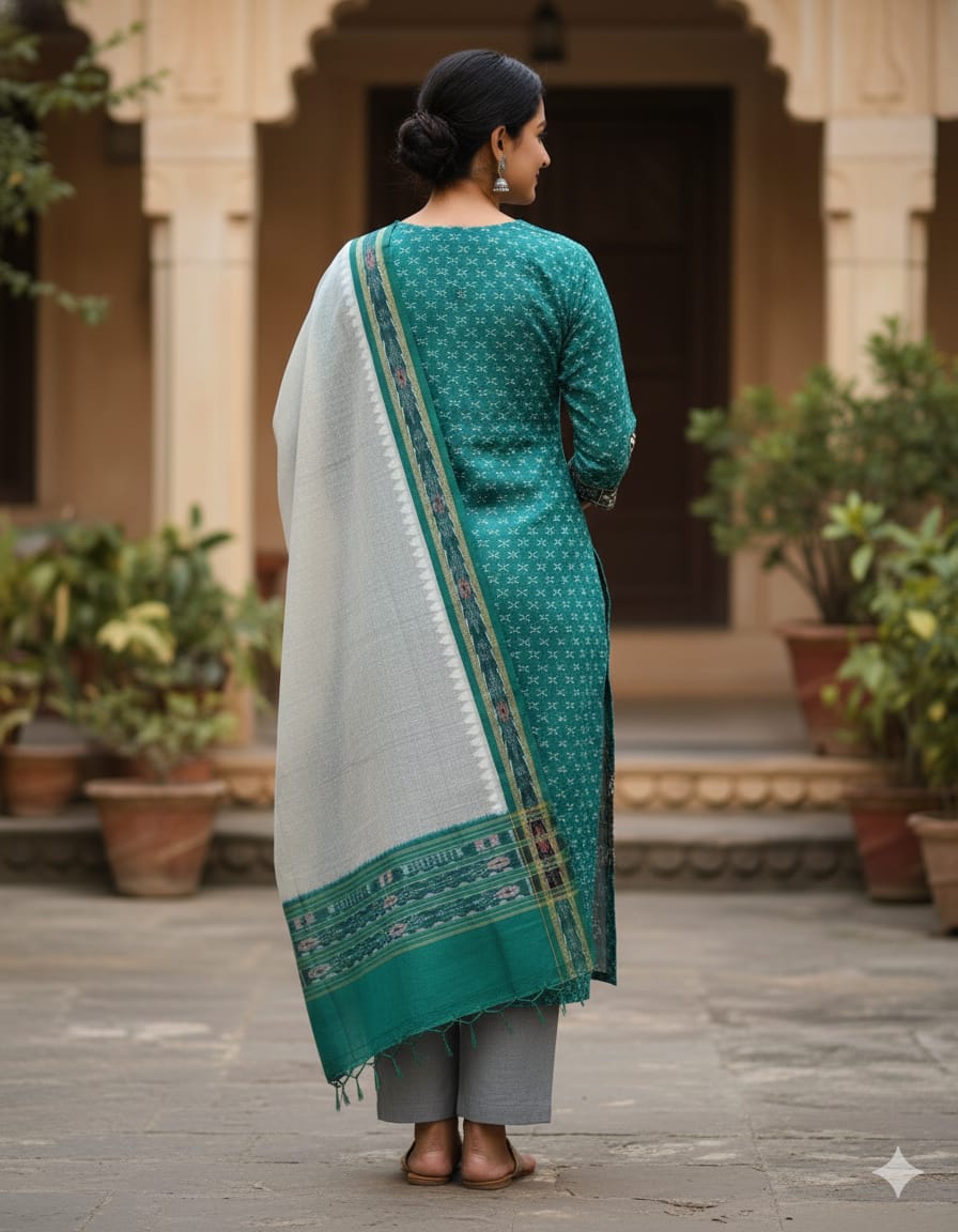 Green Black Pasapali Handwoven Odisha Ikat Unstitched Dress Material Set (Top 2.5m, Bottom 2m, Dupatta 2.5m)