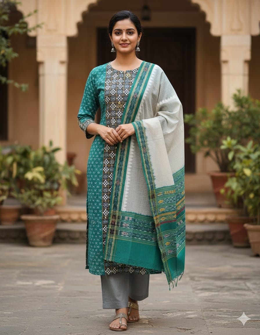 Green Black Pasapali Handwoven Odisha Ikat Unstitched Dress Material Set (Top 2.5m, Bottom 2m, Dupatta 2.5m)