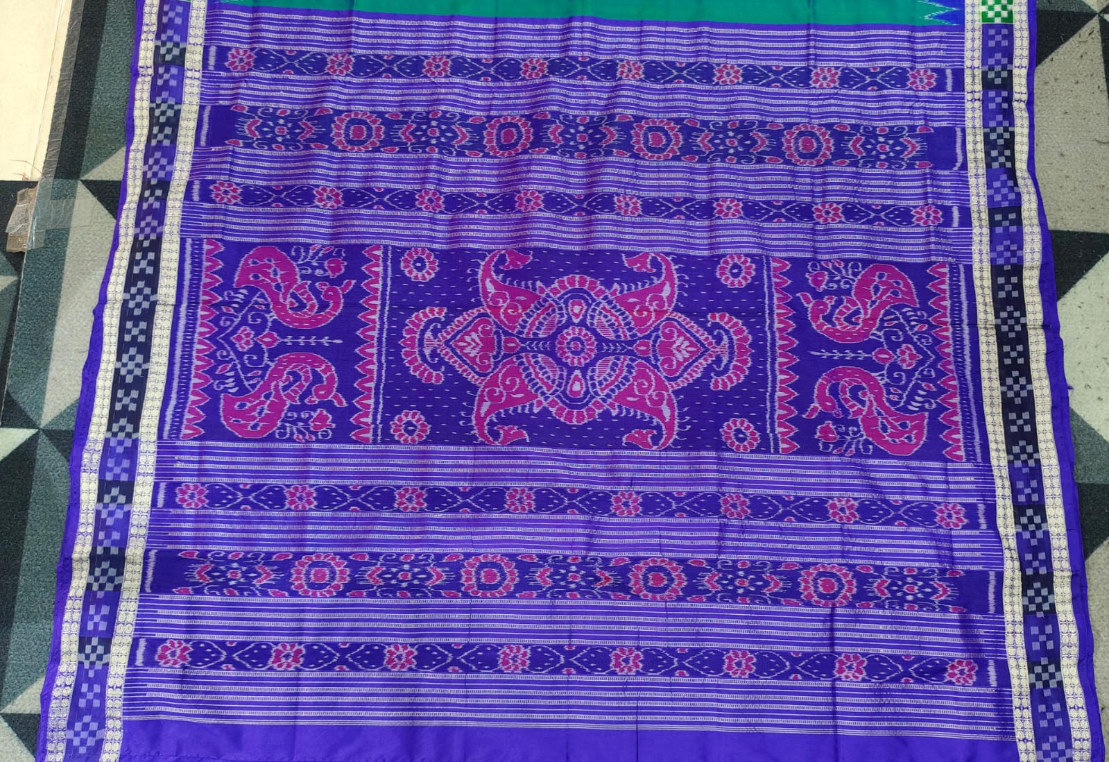 Dual Shade Green Blue Sakta Border Odisha Handloom Bomkai Silk Saree