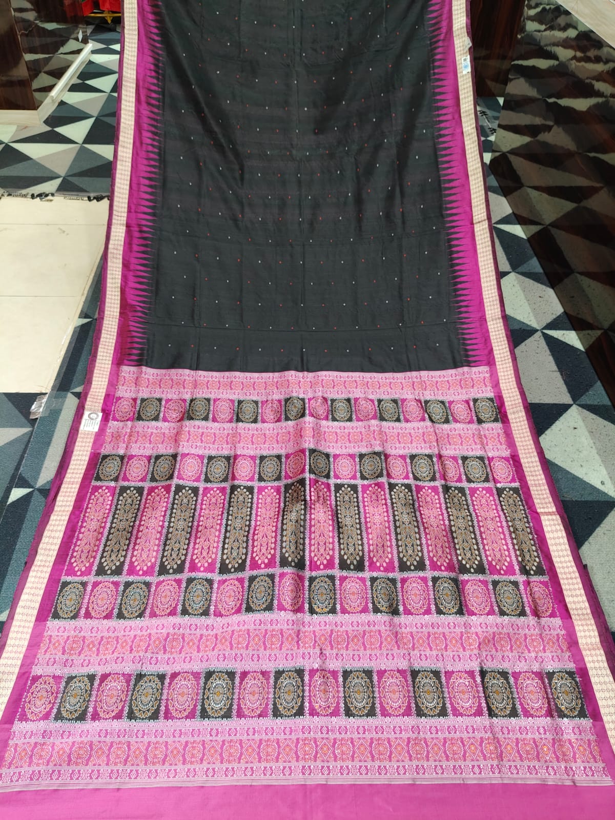 Black Magenta Mini Buti Partly Bomkai Silk Saree