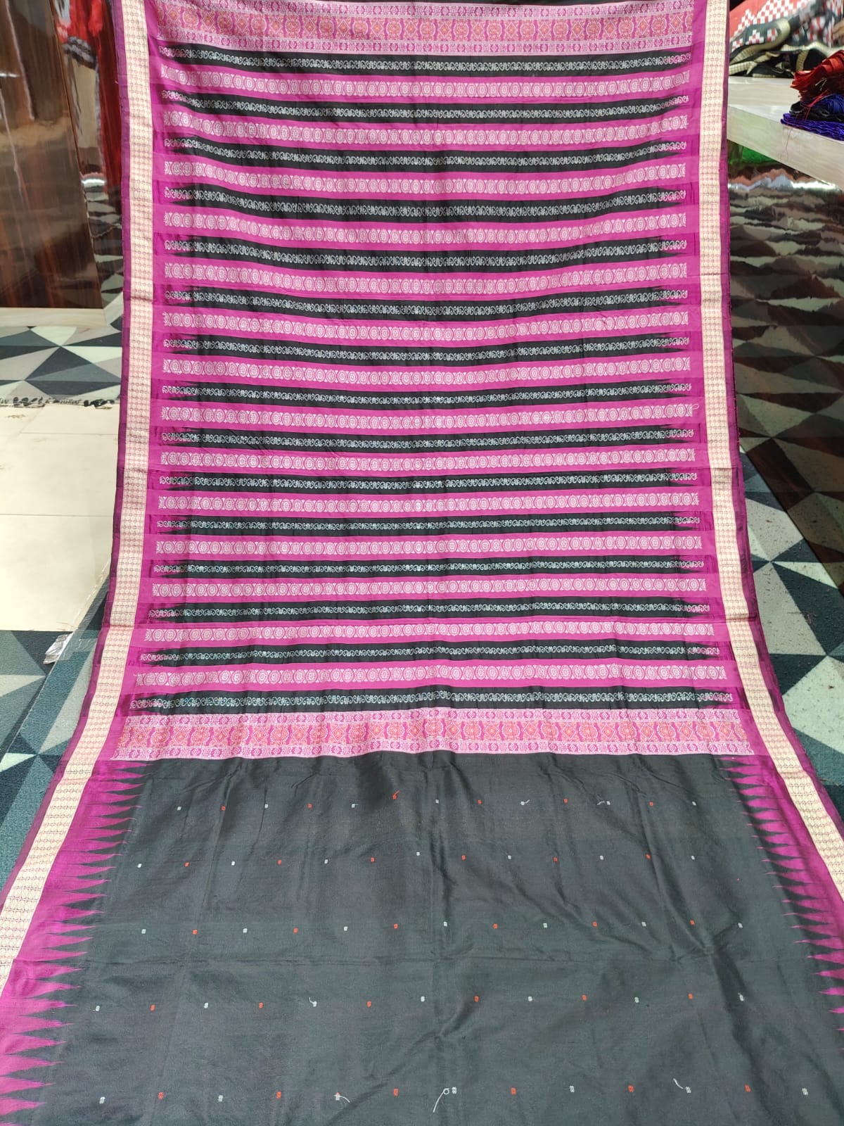 Black Magenta Mini Buti Partly Bomkai Silk Saree