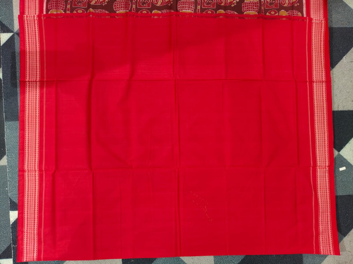 Maroon Red Musical Instrument Design Sambalpuri Cotton Saree