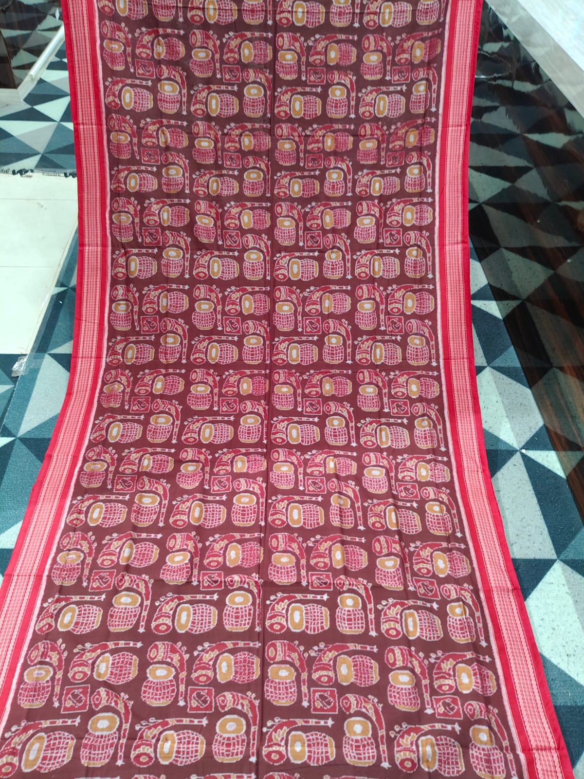 Maroon Red Musical Instrument Design Sambalpuri Cotton Saree