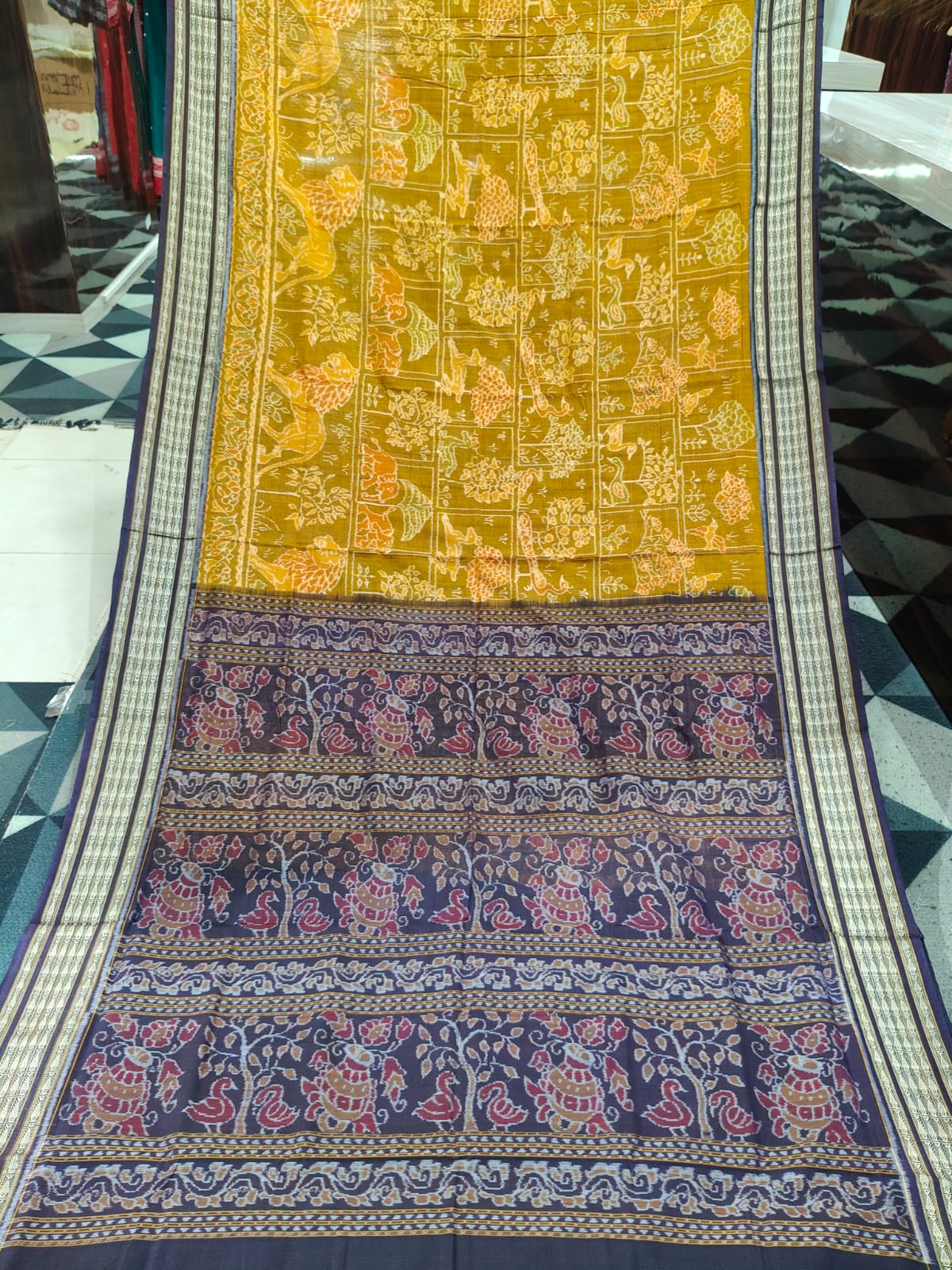 Mustard Yellow Coffee Jangal Design Sambalpuri Cotton Saree