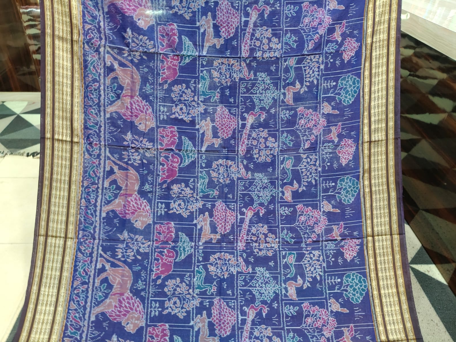 Blue Coffee Jangal Design Sambalpuri Cotton Saree