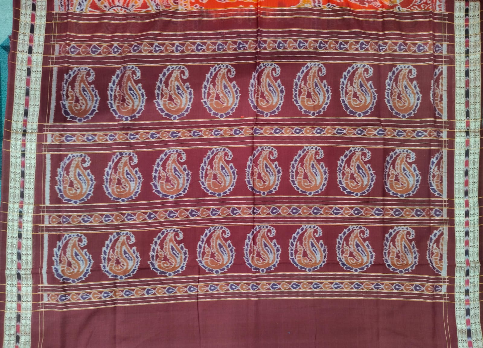 Red Maroon Konark Chakra & Dancer Design Sambalpuri Cotton Saree