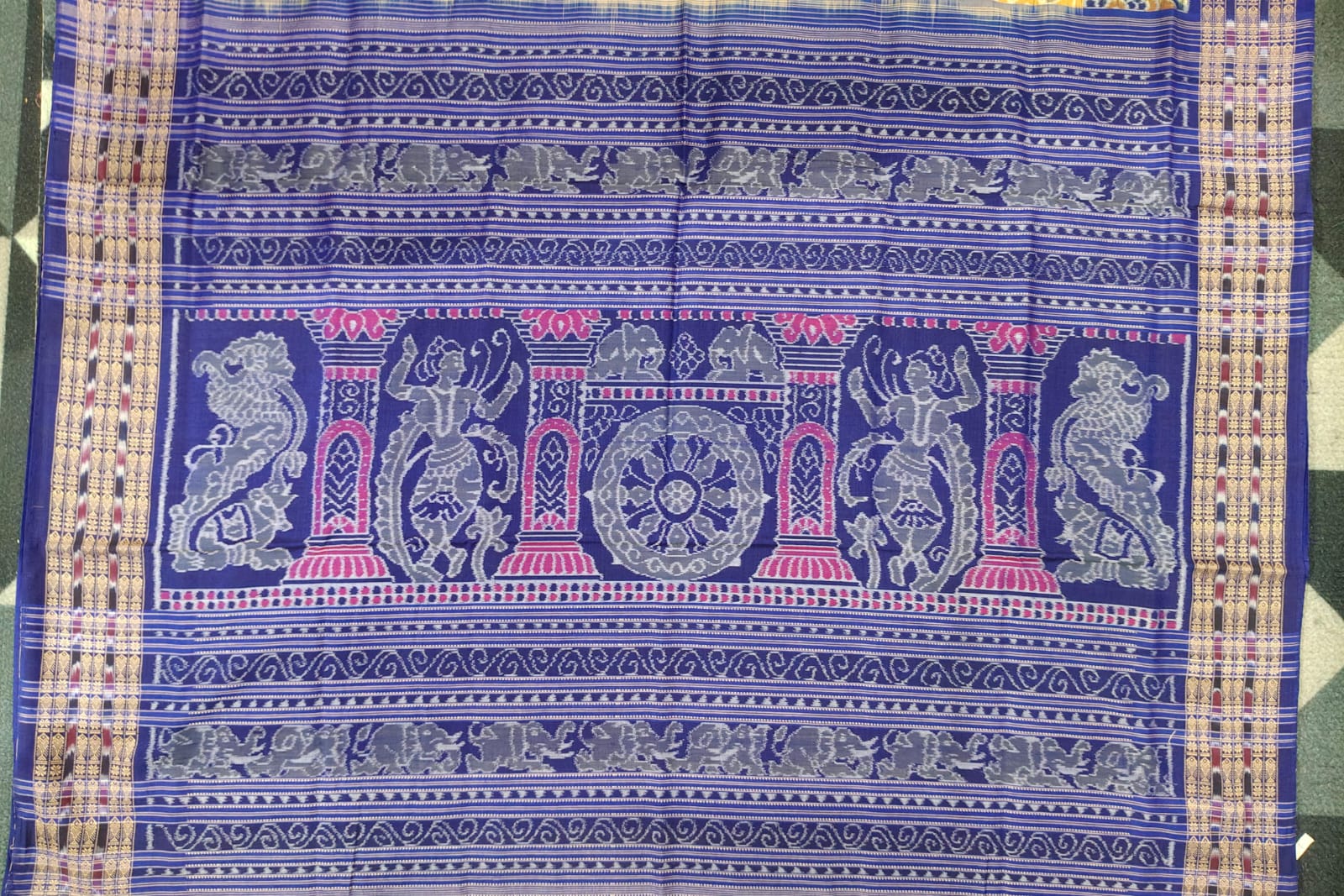 Mustard Yellow Blue Konark Chakra Sambalpuri Cotton Saree