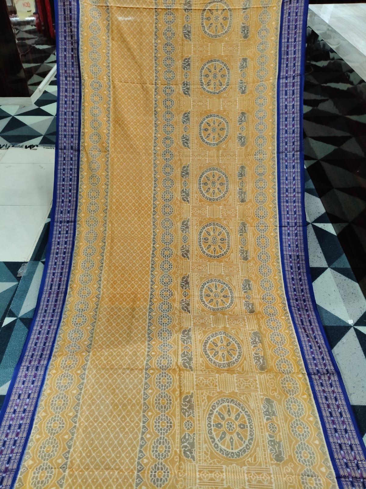 Mustard Yellow Blue Konark Chakra Sambalpuri Cotton Saree