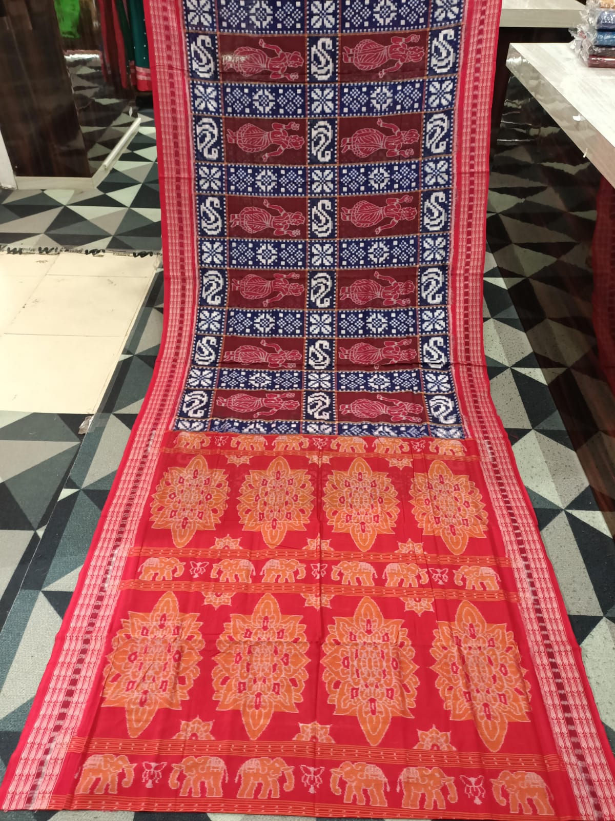 Blue Maroon Red Dancer & Pasapali Design Sambalpuri Cotton Saree
