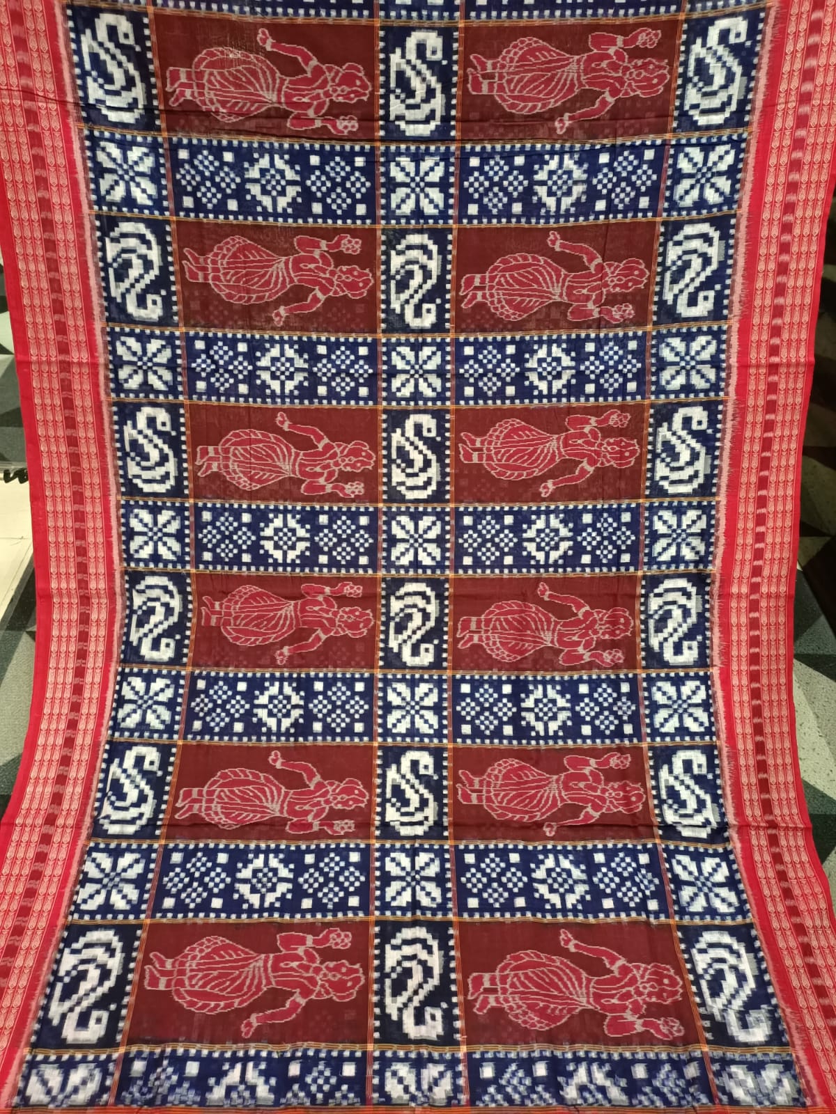 Blue Maroon Red Dancer & Pasapali Design Sambalpuri Cotton Saree