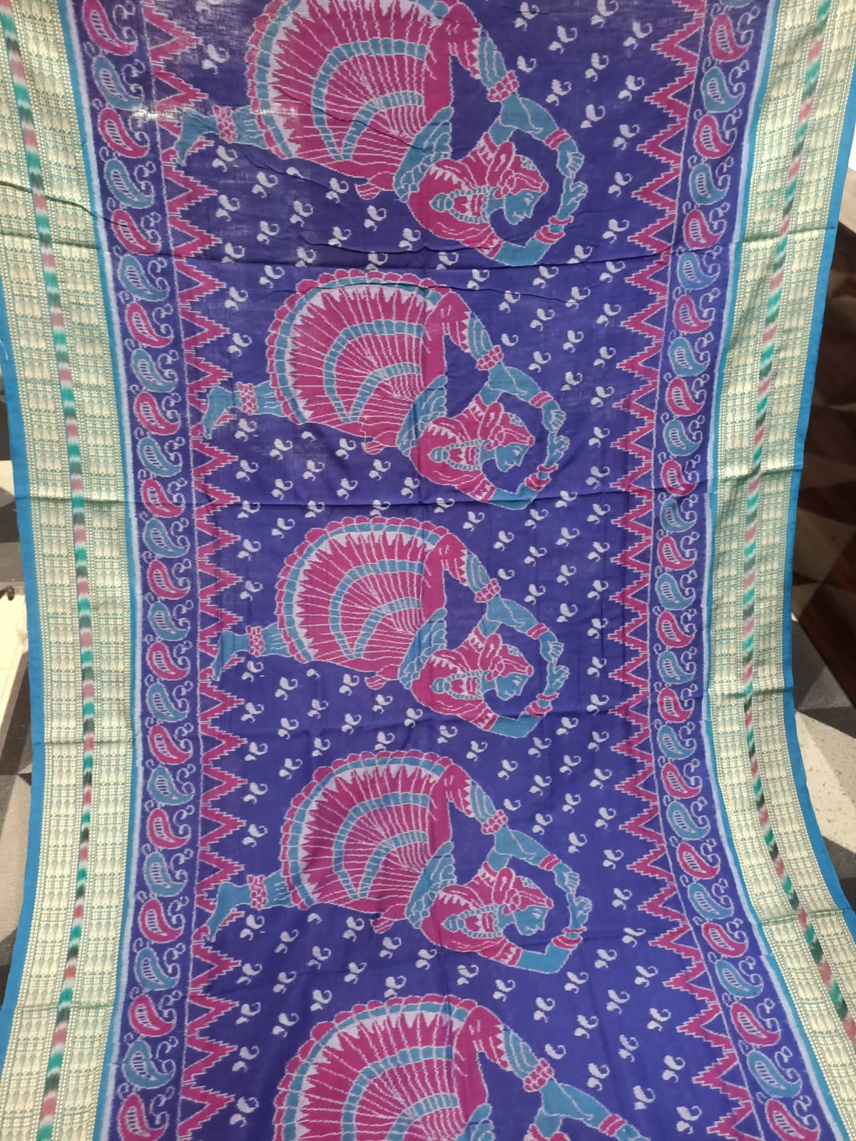 Blue Rama Green Dancer Design Sambalpuri Cotton Saree