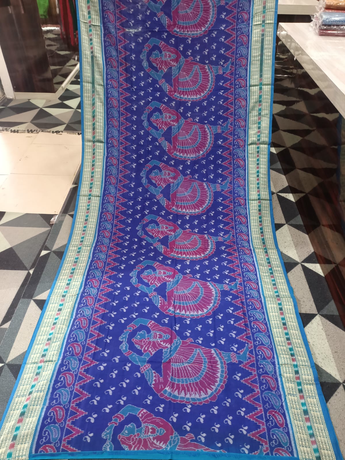 Blue Rama Green Dancer Design Sambalpuri Cotton Saree