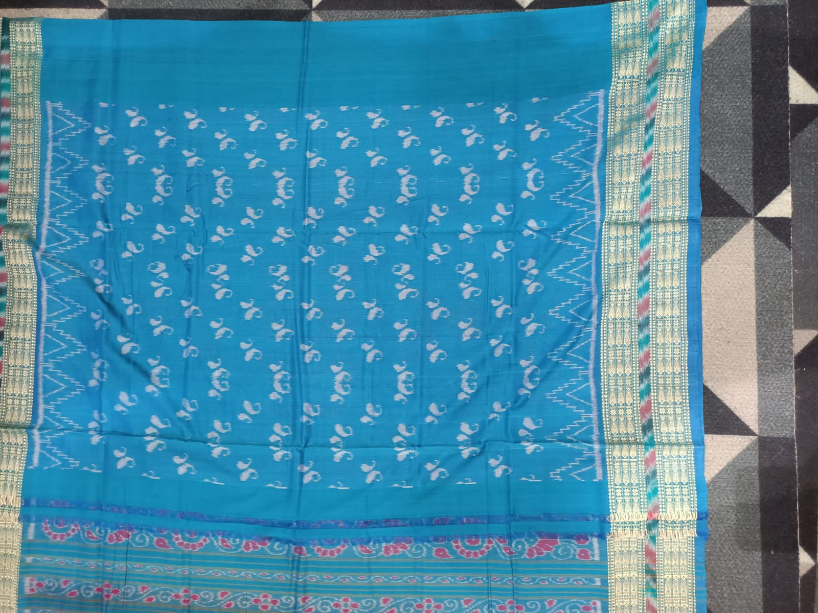 Blue Rama Green Dancer Design Sambalpuri Cotton Saree