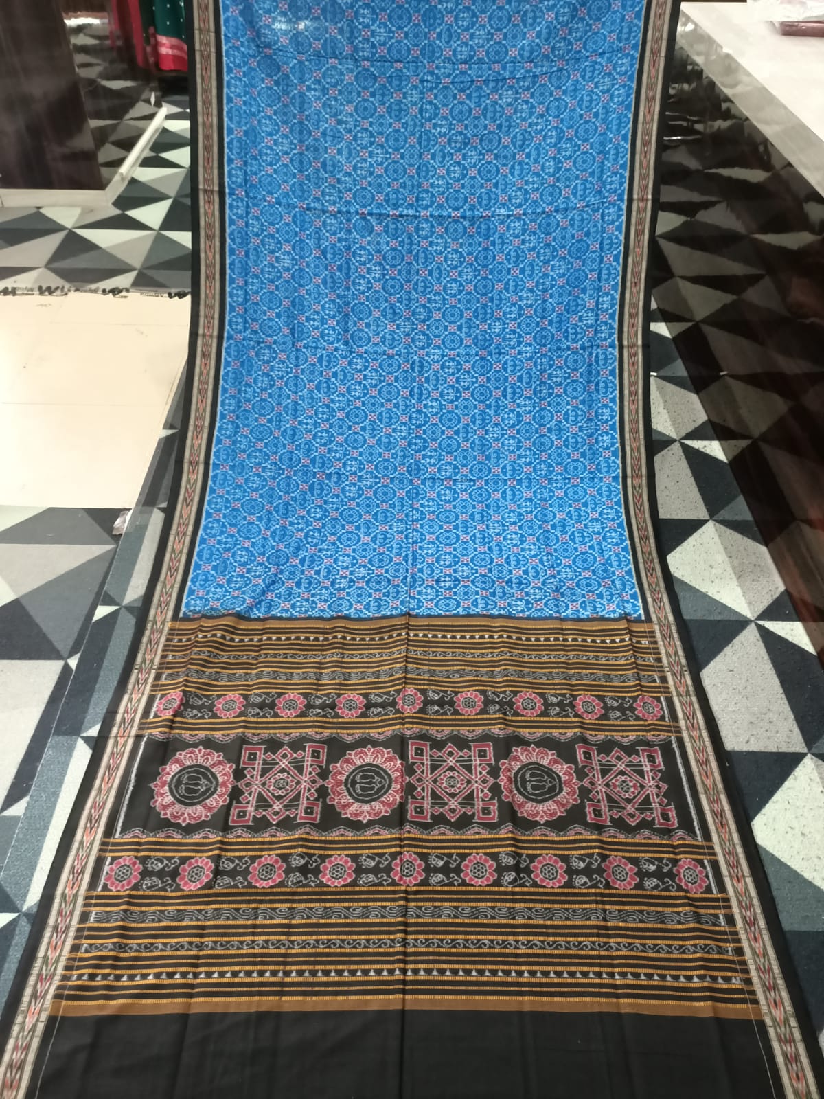Copper Sulphate Black Flower & Laxmi Yantra Anchal Design Sambalpuri Cotton Saree