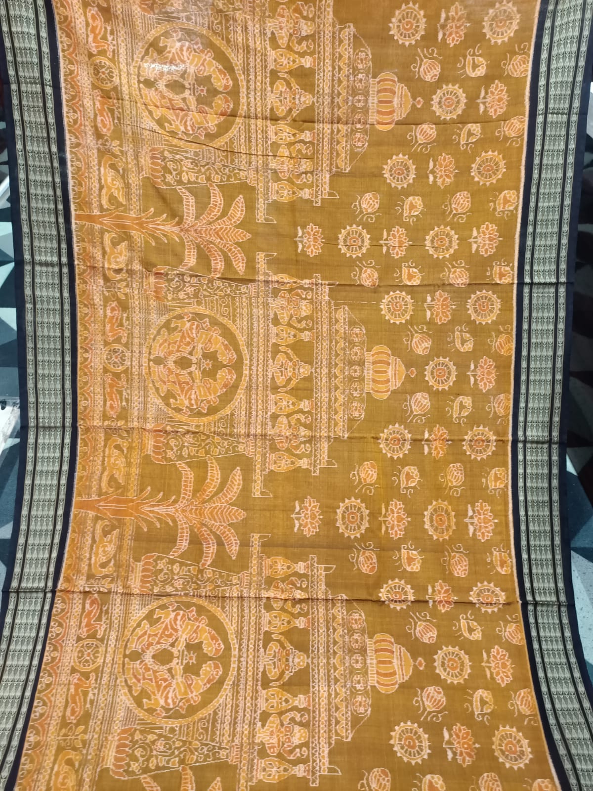 Mustard Black Temple & Chakra Sambalpuri Cotton Saree