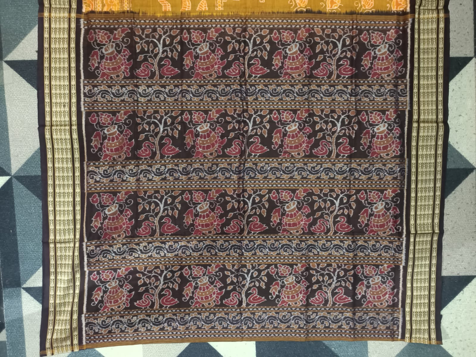 Mustard Black Temple & Chakra Sambalpuri Cotton Saree
