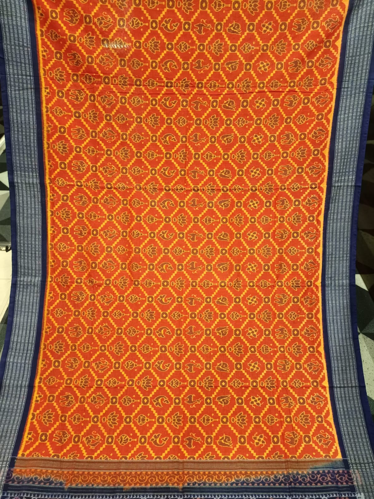 Orange Blue Traditional Motive Design Sambalpuri Cotton Saree